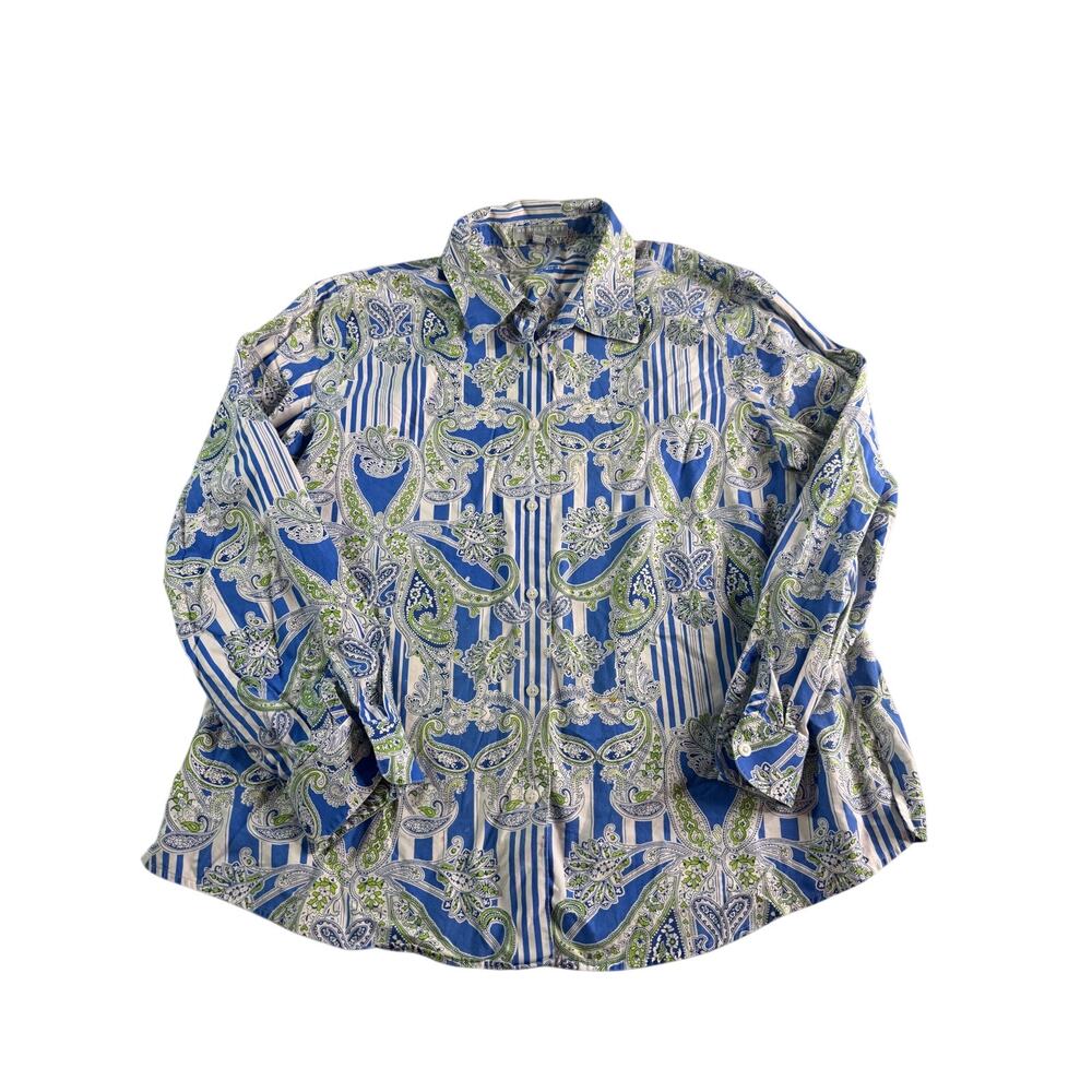 Foxcroft Shirt Womens 16W Blue Green Paisley Stripe Wrinkle Free Cotton Button